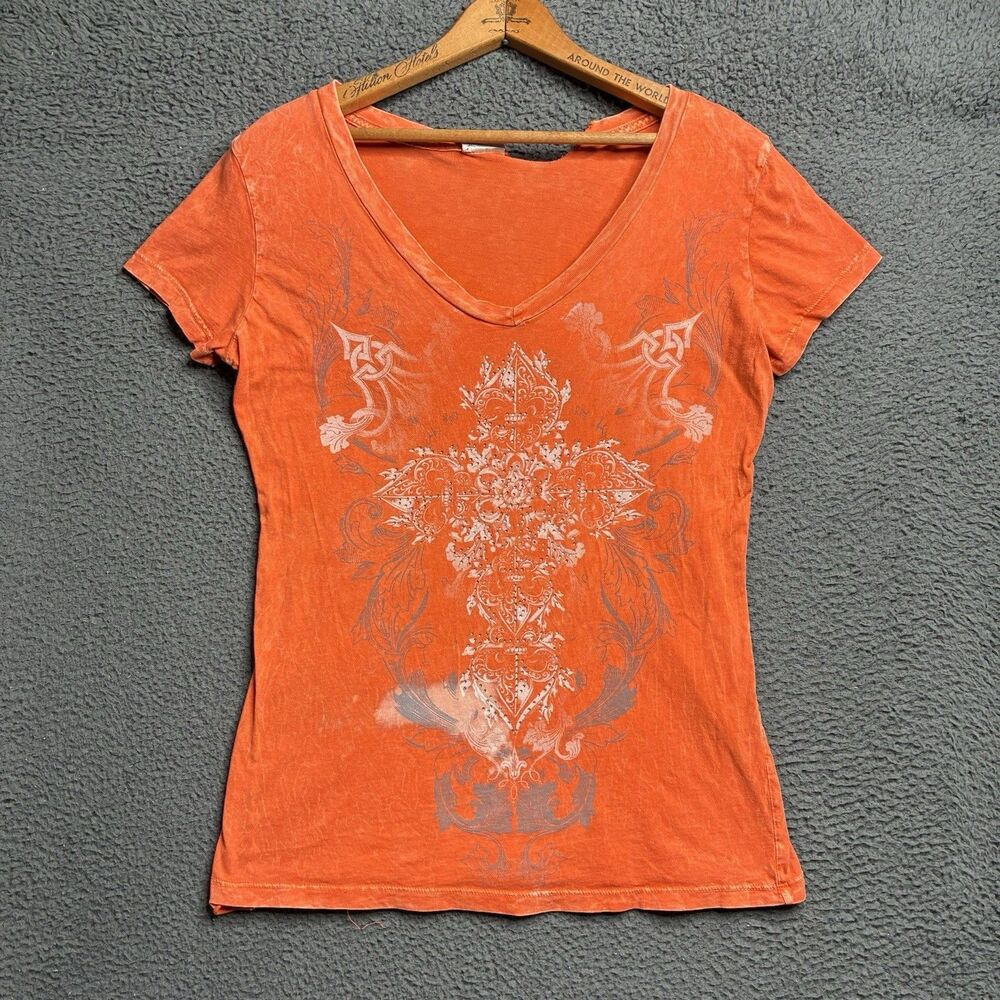 Vtg Y2k Womens XL Shirt Cross Embellished Short Sleeve Goth Cyber